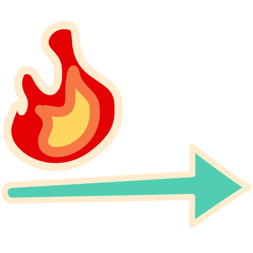 a flame sits at the right side of the image with a teal arrow below it. The arrow starts narrow and widens as it travels to the left. The image has light line art.